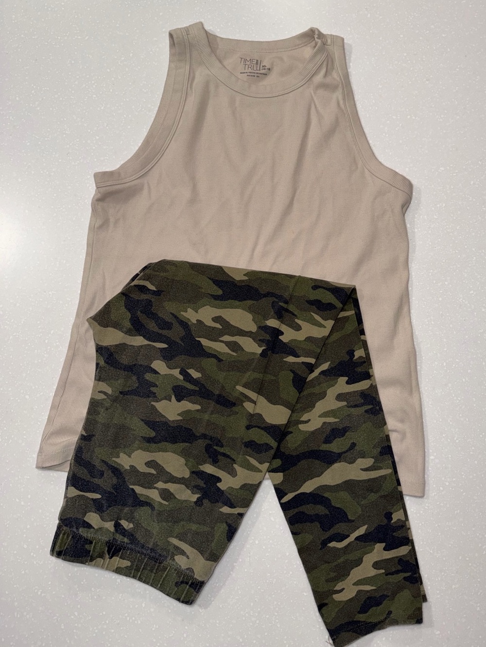 Time and Tru Beige Tank Top with Olive Green Camo Leggings